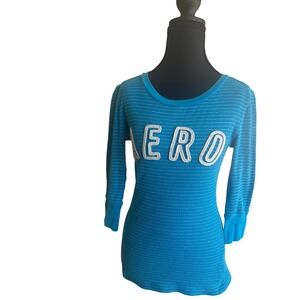 Y2K Aeropostale Blue Waffle Knit Sparkle Graphic Long Sleeve Top Women Size L